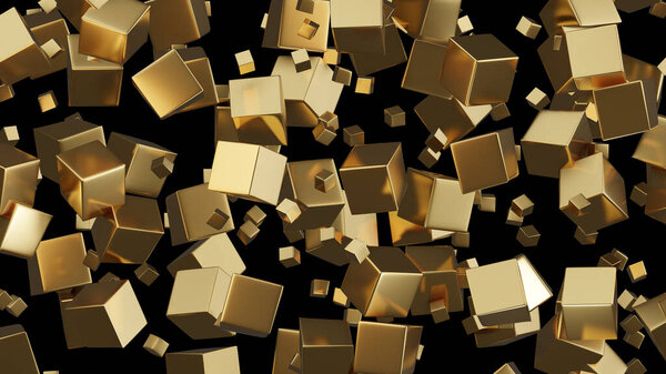 3d golden cube on black background. Decorative pattern design with shine metal cube for web, site, banner, print