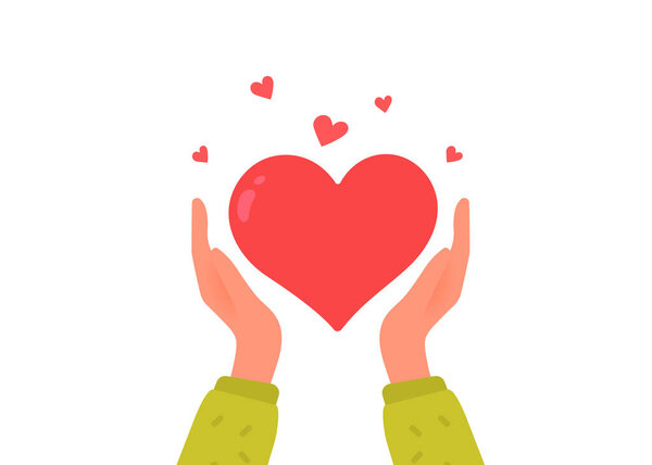 Vector kindness donation and charity illustration with red shape heart on white color background. Human hand care of heart form. Flat style romantic design of sharing love for Valentine's Day greeting card, poster