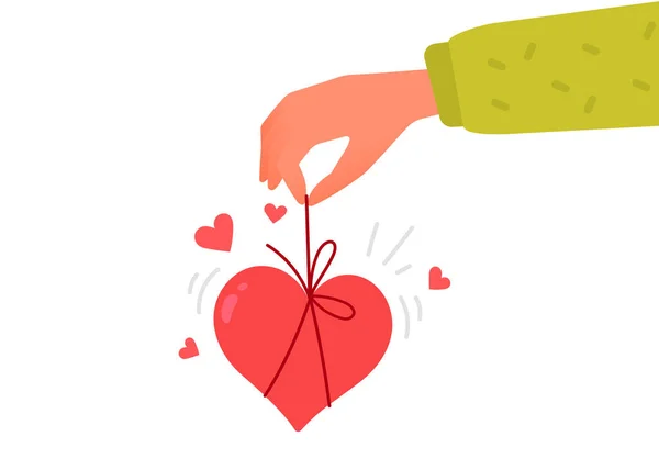 白の背景にベクトルバレンタインデーのイラスト 人間の手は弓で赤い形の心を保持します バレンタインデーグリーティングカード 休日のポスターのための愛の心を共有するのフラットスタイルロマンチックなデザイン — ストックベクタ