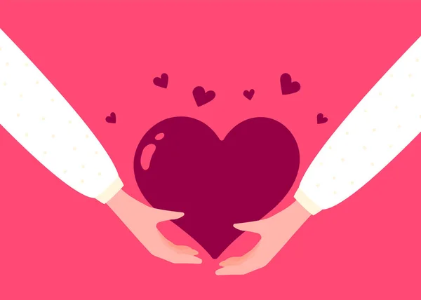 病媒善举和慈善图解与人的手关怀的心形 红形心脏在粉红色背景的臂膀上 情人节贺卡 招贴画的平淡浪漫情调 — 图库矢量图片