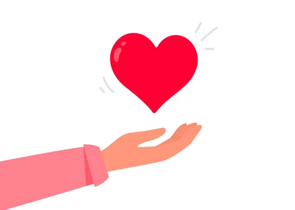 关于白色背景的矢量善举和慈善说明 手和红色形状的心脏 情人节贺卡 招贴画的平淡浪漫设计与爱心共享 — 图库矢量图片