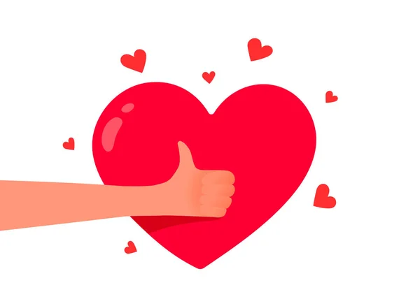 親指を上げ 白い色の背景に赤い形状の心を持つ手のベクトルイラスト 優しさの寄付と慈善の概念 レビューバナー ソーシャルメディアのための愛の心を共有するフラットスタイルのロマンチックなデザイン — ストックベクタ