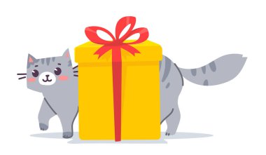 Mutlu gri çizgili kedi ve beyaz arka planda fiyonklu hediye kutusunun güzel bir temsili. Pankart, poster, tebrik kartı ile birlikte hayvan kedi karakterinin düz stil tasarımı