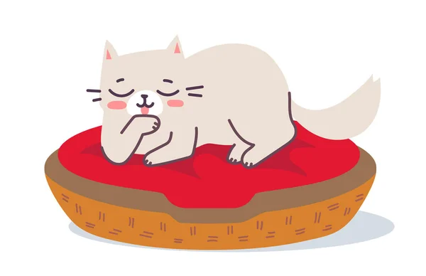 白い背景にバスケットに赤い枕の上に幸せな猫の文字を横にベクトルイラスト ウェブ グリーティングカード バナーのための掃除とリラックスしたかわいい動物猫のフラットラインアートスタイルのデザイン — ストックベクタ