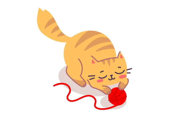 Vector Illustration Happy Cute Striped Cat Character Red Yarn Ball — Stock Vector