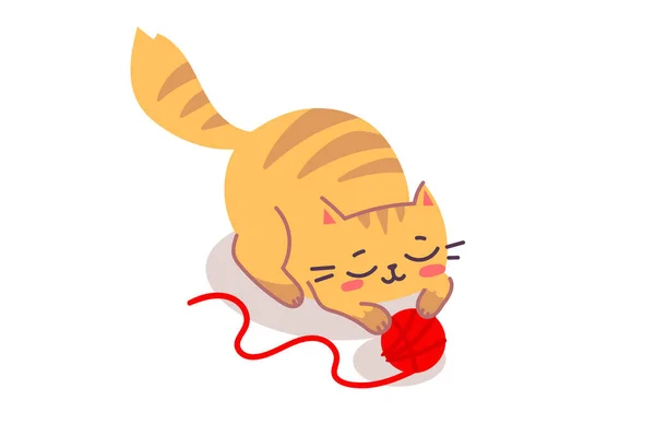 Ilustración Vectorial Personaje Lindo Gato Rayado Feliz Con Bola Hilo — Vector de stock