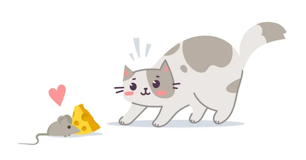 Ilustração Vetorial Personagem Gato Manchado Bonito Feliz Rato Roubando Queijo —  Vetores de Stock