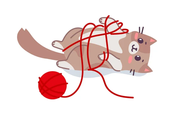 Векторна Ілюстрація Щасливої Милої Покладання Персонажа Задньої Кішки Червоною Кулькою — стоковий вектор