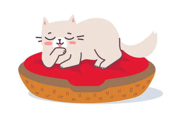 Vector Illustration Lying Happy Cat Character Red Pillow Basket White — Stock Vector