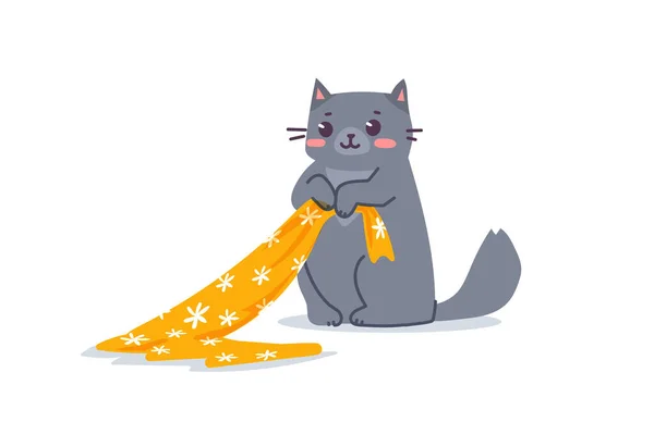 Ilustración Vectorial Feliz Gato Gris Lindo Carácter Mantenga Tela Sobre — Vector de stock