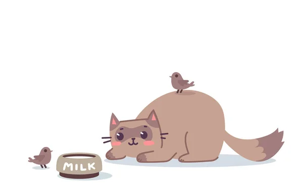 Εικονογράφηση Διάνυσμα Ευτυχισμένη Χαριτωμένο Χαρακτήρα Γάτα Μπολ Γάλα Και Πουλί — Διανυσματικό Αρχείο