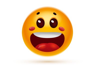 Beyaz arka planda açık ağızlı ve dilli mutlu sarı gülümseme simgesinin temsili temsilcisi. Sosyal medya iletisi için 3 boyutlu eğlence tasarımı kahkaha emojisi