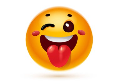 Beyaz zemin üzerinde açık ağız ve dil olan mutlu sarı renk simgesinin vektör çizimi. Sosyal medya mesajı için 3 boyutlu göz kırpma ve dil emojisi tasarımı