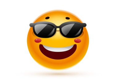 Beyaz zemin üzerinde güneş gözlüğü olan mutlu sarı renk simgesinin vektör çizimi. Sosyal medya mesajı için havalı gülümseme emojisinin 3 boyutlu tasarımı