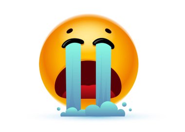 Beyaz arkaplanda gözyaşı seli olan sarı rengin temsili. Sosyal medya mesajı için gözyaşı emojisi ile hüzünlü ağlamanın 3 boyutlu tasarımı