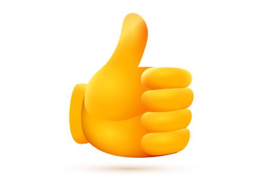 Beyaz arkaplanda sarı renkli başparmak işaretinin vektör çizimi. Sosyal medya iletisi için 3d tasarım emojisi