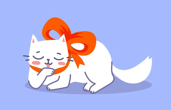 Ilustración Vectorial Del Personaje Mintiendo Gato Blanco Feliz Con Lazo — Vector de stock