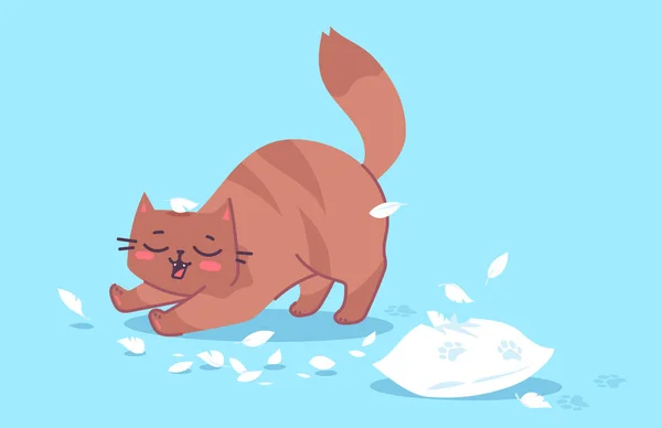 Διάνυσμα Εικονογράφηση Της Ευτυχούς Χαριτωμένο Ριγέ Χαρακτήρα Γάτα Σκισμένο Μαξιλάρι — Διανυσματικό Αρχείο