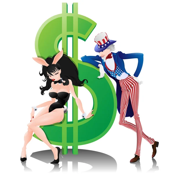 Uncle sam, bunny meisje en dollar. — Stockvector