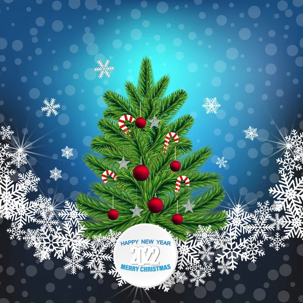 Decorato con palline rosse e dolci vettore albero di Natale in uno sfondo astratto nevoso — Vettoriale Stock