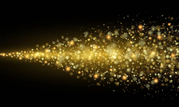 Gold sparkles on dark abstract background, golden dust stream, design element — Vector de stock