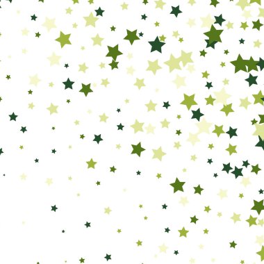 Abstract shooting star confetti. Shooting vector star background. White background with green, light and dark green stars. Design for poster, postcard, invitation, gifts.