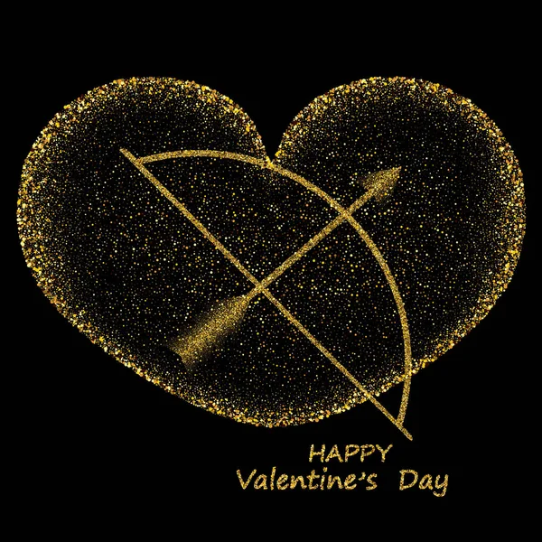 Corazón dorado, arco con una flecha hecha de pequeñas partículas de polvo sobre un fondo negro, diseño de día de San Valentín — Vector de stock