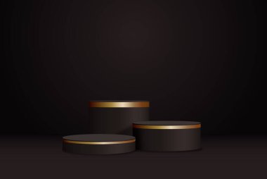Altın kenarlı siyah gerçekçi podyum. 3 boyutlu geometrik platformlu vektör soyut tasarım stüdyo odası.