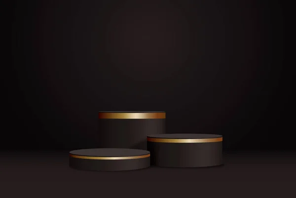 Black realistic podium with golden rim. Vector abstract design studio room with 3d geometric platform. — Stock Vector