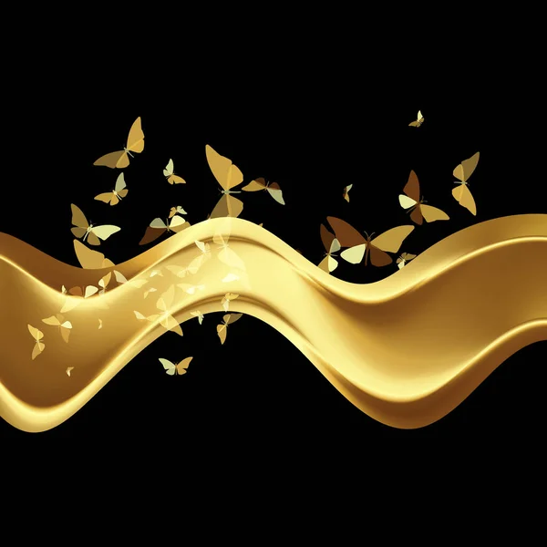 Яркая блестящая золотая гладкая волна с бабочками на темном фоне. элемент дизайна — стоковый вектор