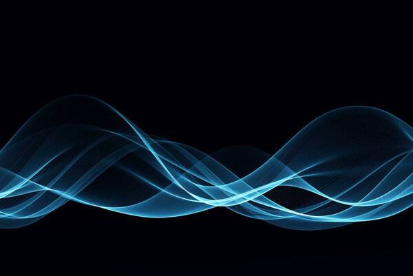 Shiny blue moving lines design element on dark background for greeting card and disqount voucher.