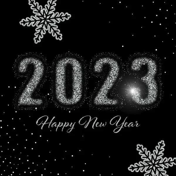 New year 2023 holiday poster made of silver dust, sparkle silver greeting card design on black background. Vector illustration