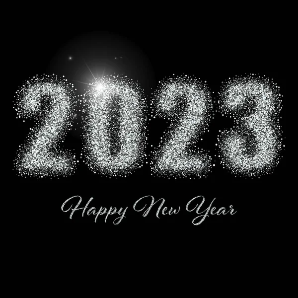 New year 2023 holiday poster made of silver dust, sparkle silver greeting card design on black background