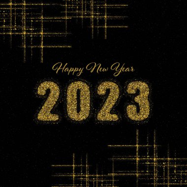 Kutlama geçmişi, yeni yıl kartı, karanlık vektör arkaplanındaki altın tozu, 2023 yılının arifesinde parıldayan parıltılar. Vektör illüstrasyonu