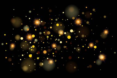 Golden sparkle bokeh, abstract light effect vector illustration. Luxury sparkling glowing gold glitter or confetti particles, magic yellow dust glow, shiny explosion on black background