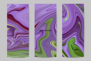 Renkli pankartlar, dalgalı mavi ve yeşil arka planlı üç parlak pankart, tasarım elemanı. Vektör Sancakları. Bölüm 10 Biçiminde Soyut Arkaplan.