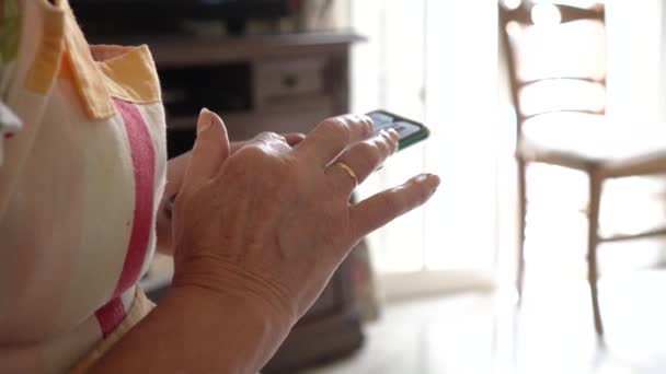 明るい窓の近くの自宅のリビングルームで携帯電話を使用している高齢者の女性 右のスペースをコピー — ストック動画