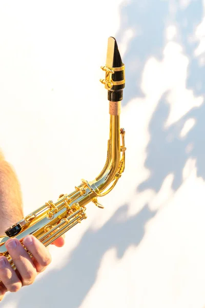 Personne Tenant Saxophone Détails Embout Buccal Bouchon — Photo