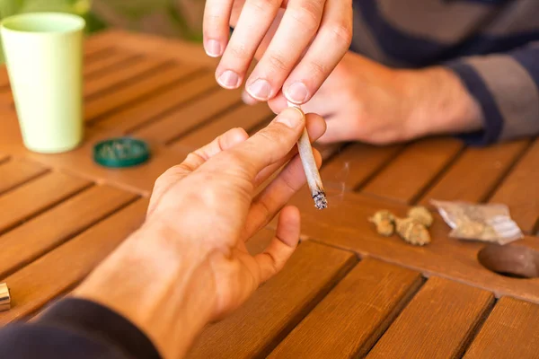 Unrecognized Person Passing Marijuana Joint His Friend Party — Stock Photo, Image