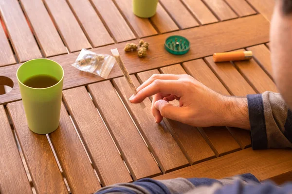 Young Man Smoking Marijuana Joint Drink Outdoor Place Sunny Day — Stock Photo, Image