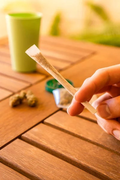 Close Mão Com Articulação Cannabis Local Livre Brilho Com Plantas — Fotografia de Stock