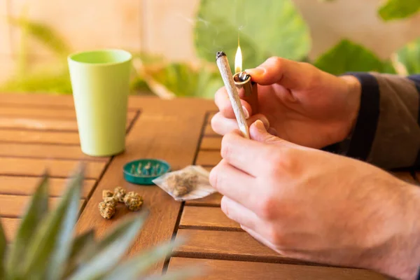 Man Lighting Cannabis Joint Table Marijuana Buds Plants Copy Space — Stock Photo, Image