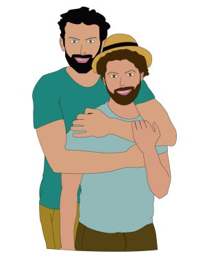 Birbirlerine sarılan iki mutlu genç adam. Gay çift, LGBT aşk ilişkisi kavramı.