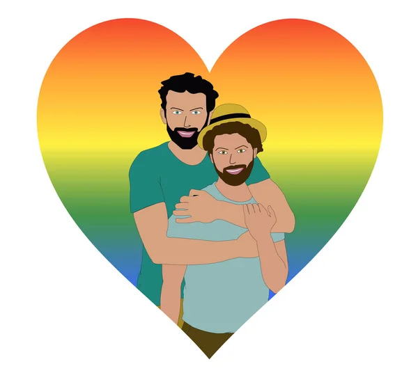 Lgbtの旗の色のパターン バレンタインデーやゲイの誇りの概念を持つ心の背景を持つ男性のカップル 二人の男が抱き合って — ストックベクタ