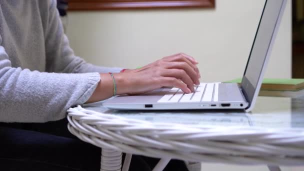 Γυναίκα Σταματήσει Χρησιμοποιεί Laptop Για Διαβάσει Ένα Βιβλίο Ψηφιακή Έννοια — Αρχείο Βίντεο