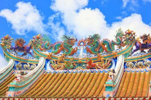 Two green dragons or jade dragons on the roof of a Chinese shrine