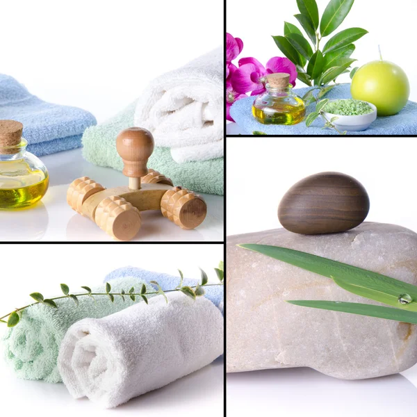 Collage of spa details, oil, flower, towels, stones — Stock Photo, Image