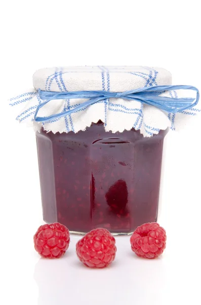 Jar of raspberry jam with fresh raspberries — Stock Photo, Image