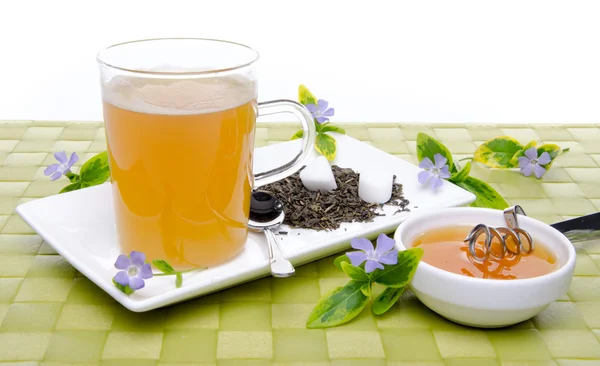 Csésze tea mézzel és virágok — Stock Fotó
