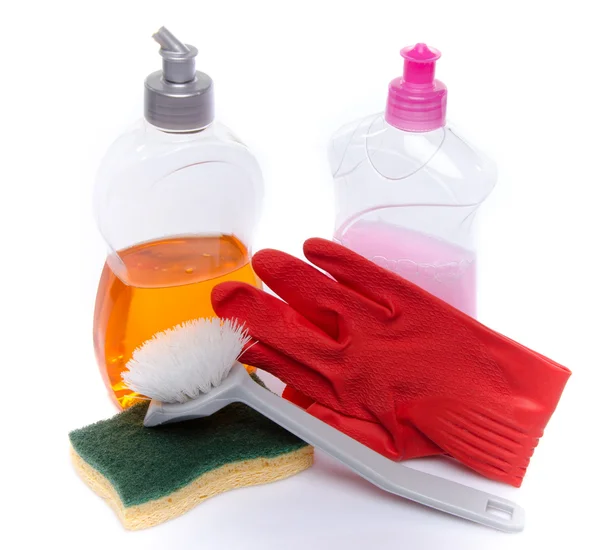 Flytande diskmedel med en svamp, en borste och handskar — Stockfoto